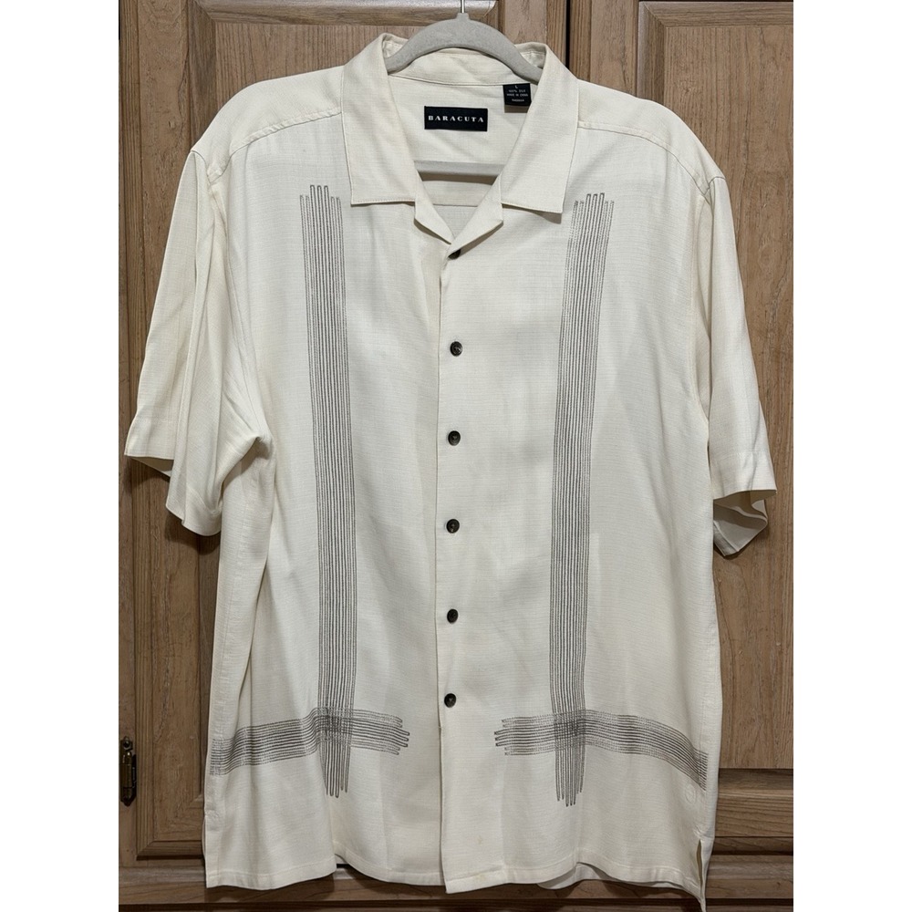 Baracuta Silk Short Sleeve Button Down Shirt Mens Size L Embroidered Geometric